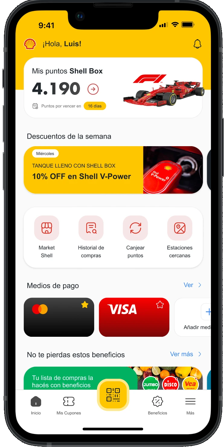 Inicio de la app Shell Box: puntos del usuario, puntos por vencer y el descuento de los miércoles, 10% en Shell V-Power