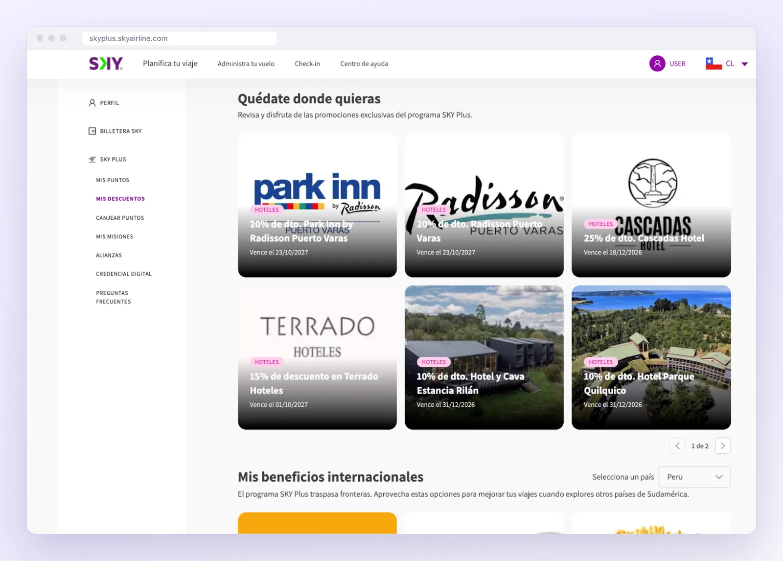 Pantalla de descuentos de SKY Plus: hoteles aliados en Chile y beneficios internacionales por país