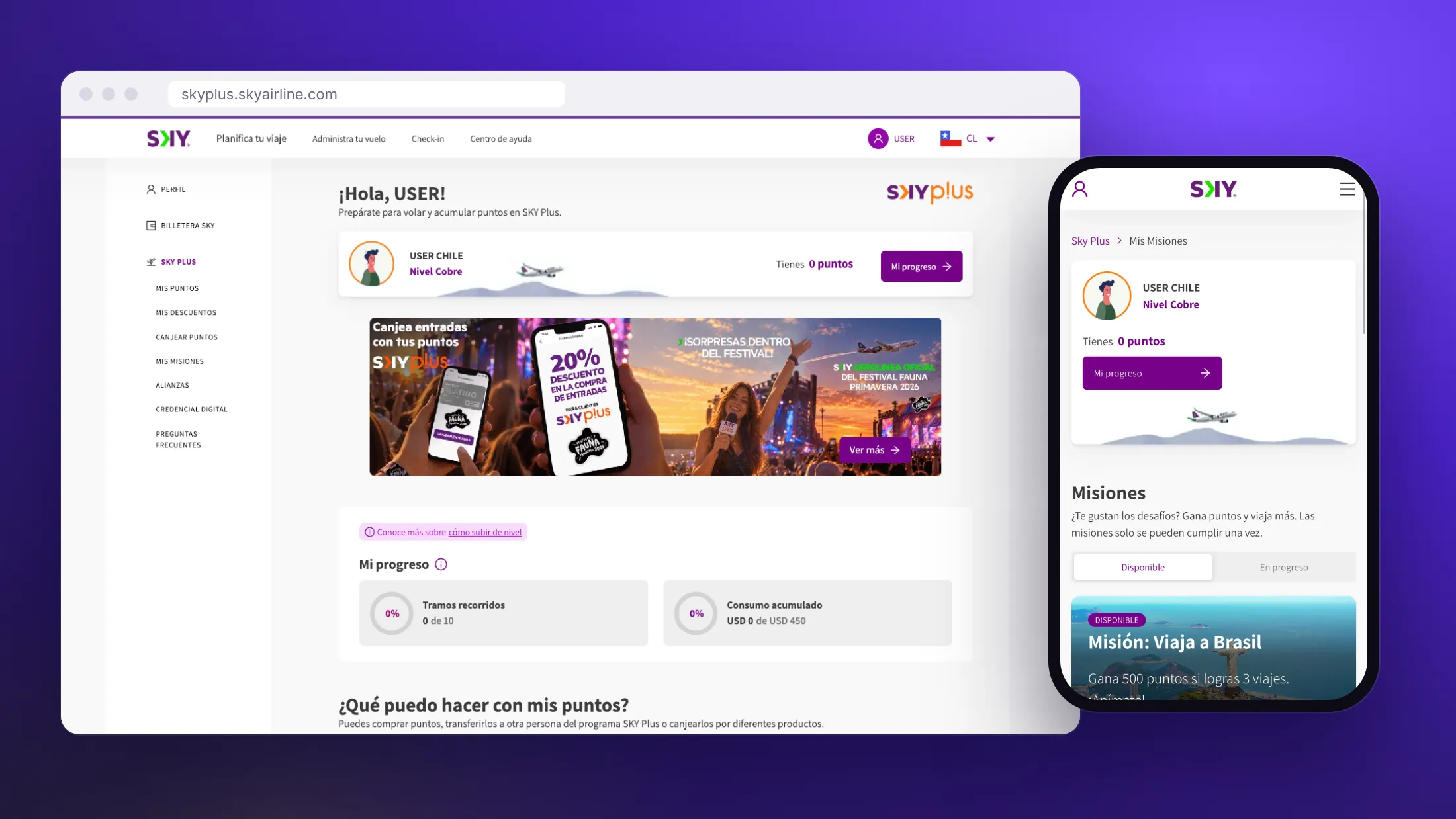 Portal de SKY Plus en escritorio y en el celular: nivel del socio, puntos, progreso por tramos y consumo, y misiones disponibles